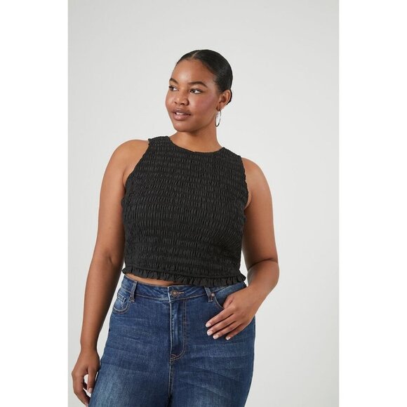 NWT Forever 21 Plus Size Smocked‎ Tank Top in Black - Size 0X - Picture 1 of 9